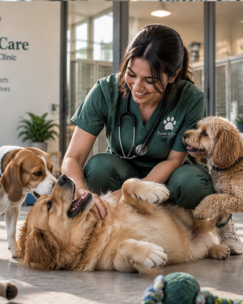 veterinarian providing compassionate care to dogs at paws and care veterinary clinic